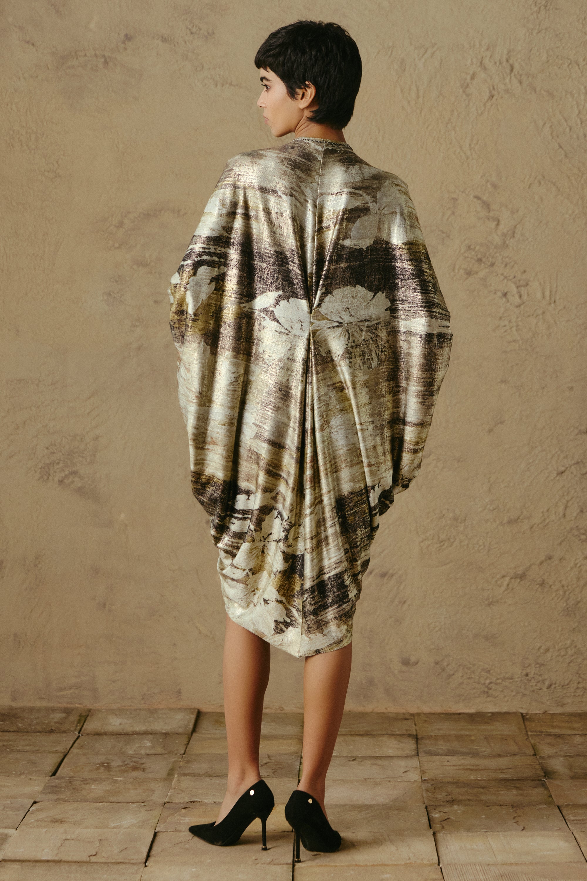 Drape Foil Dress with Brooch