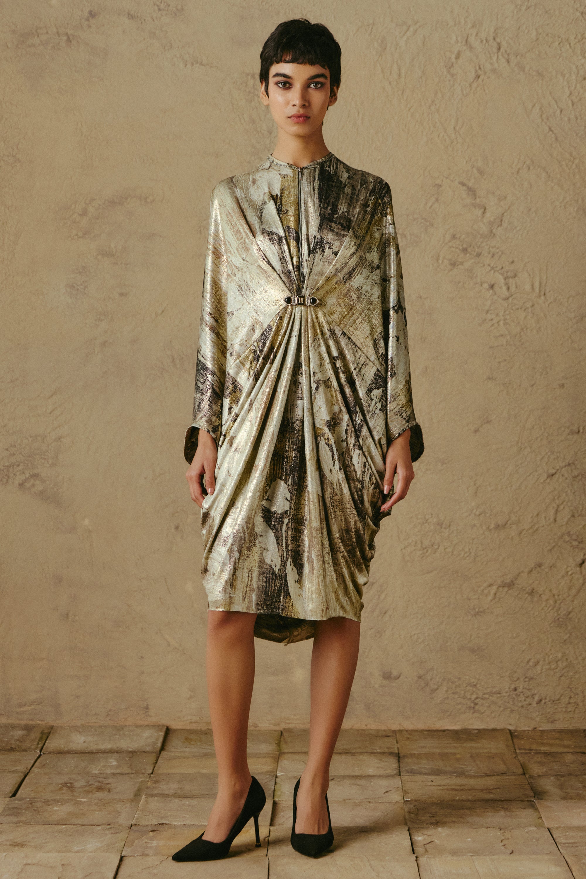 Drape Foil Dress with Brooch