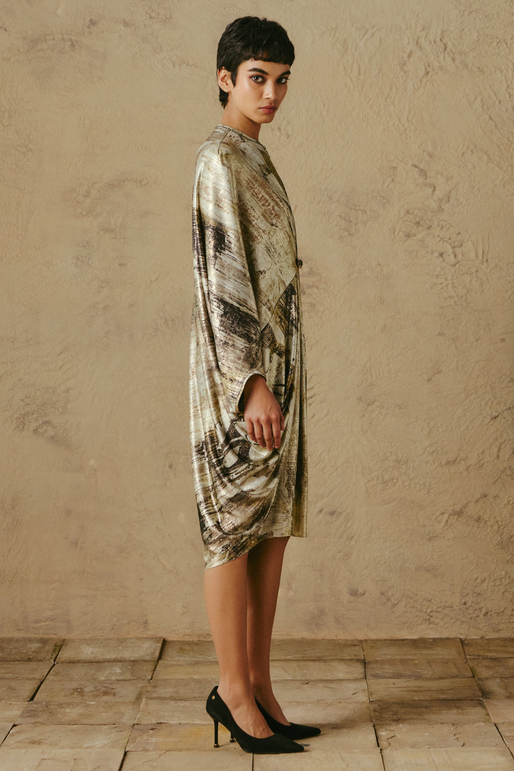 Drape Foil Dress with Brooch