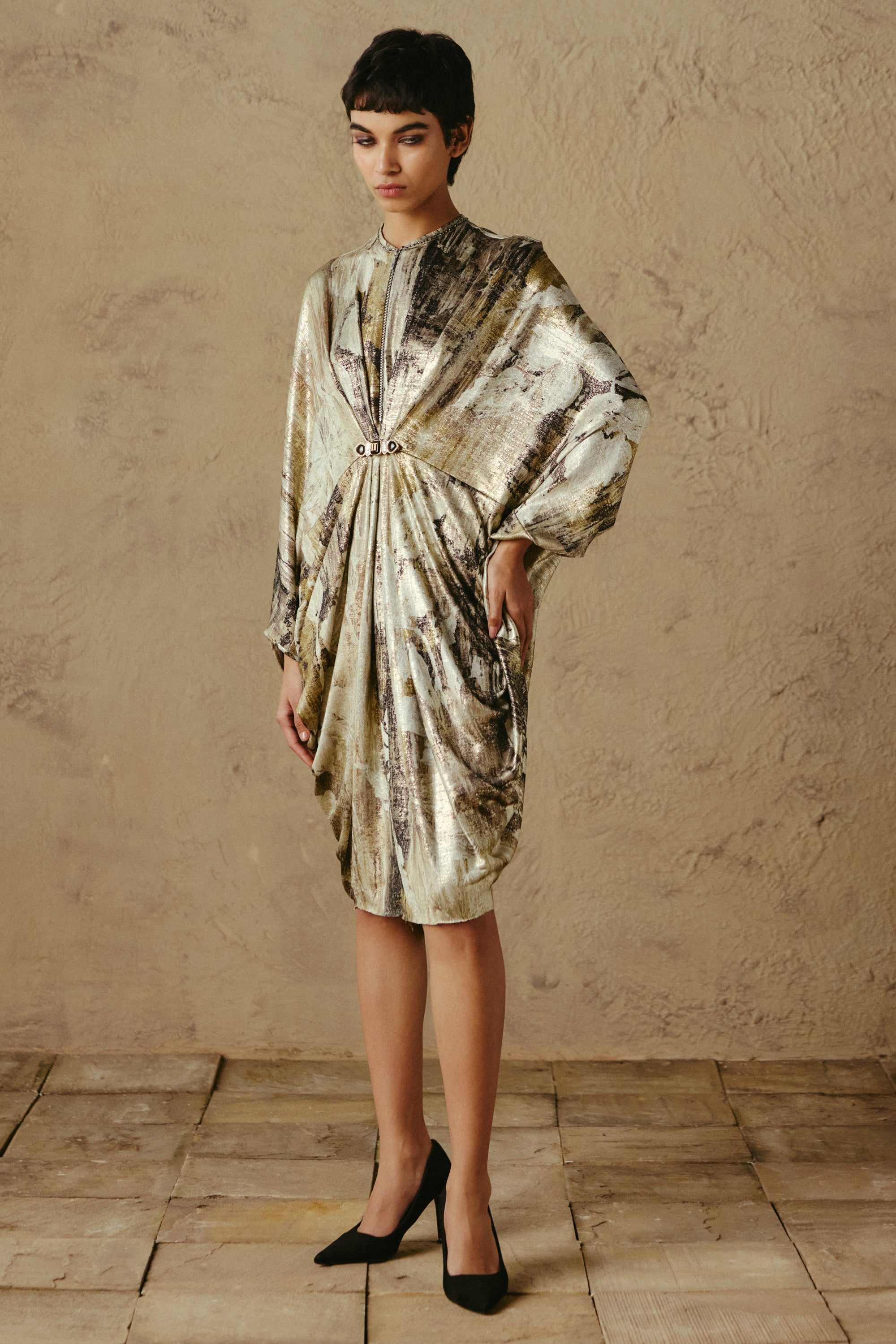 Drape Foil Dress with Brooch