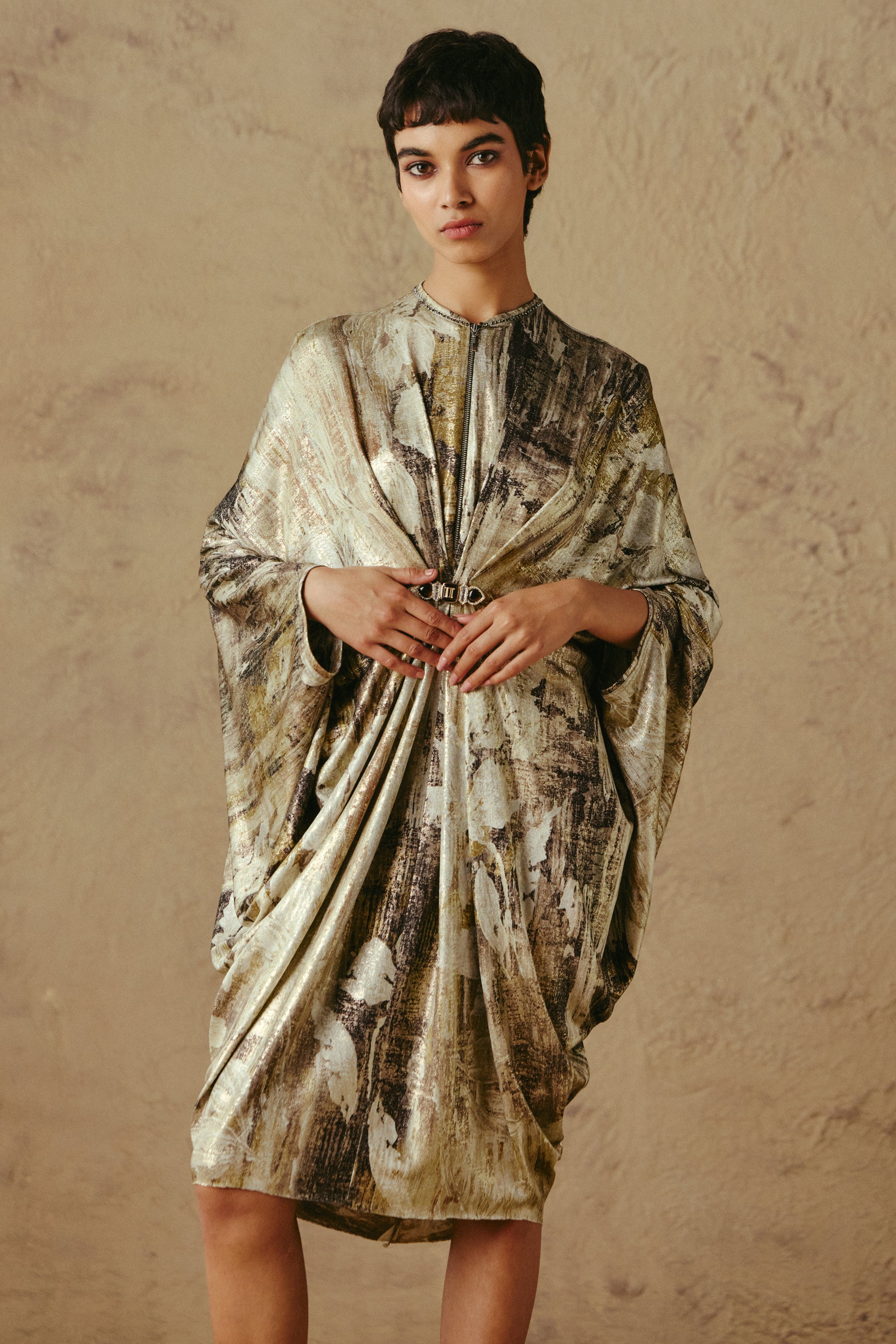 Drape Foil Dress with Brooch