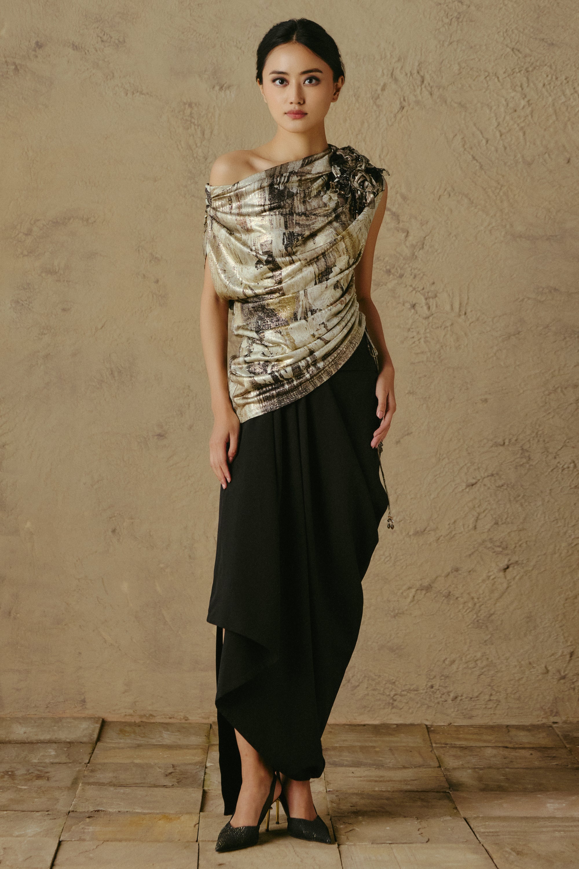 One-Shoulder Foil Top