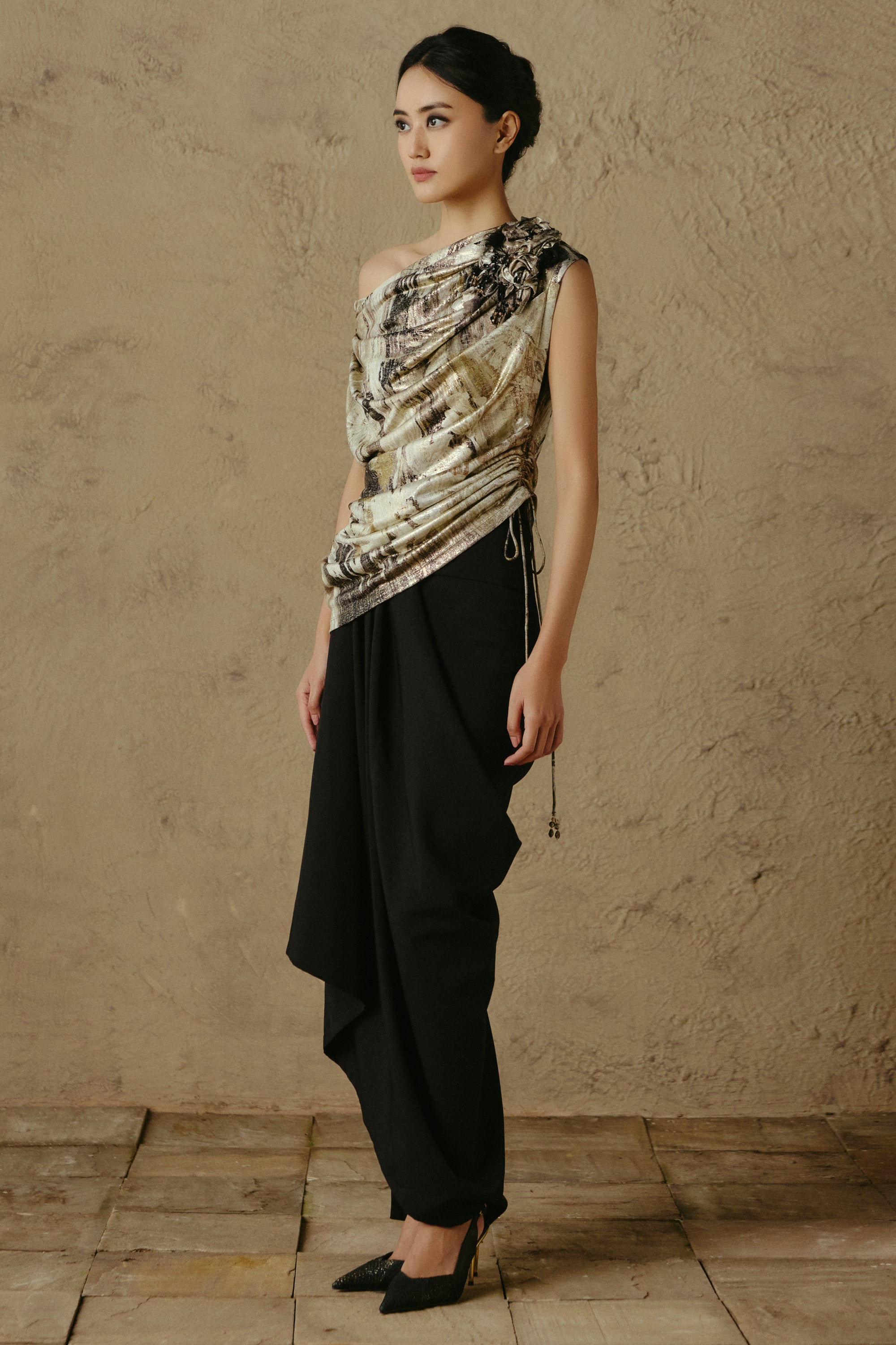 One-Shoulder Foil Top