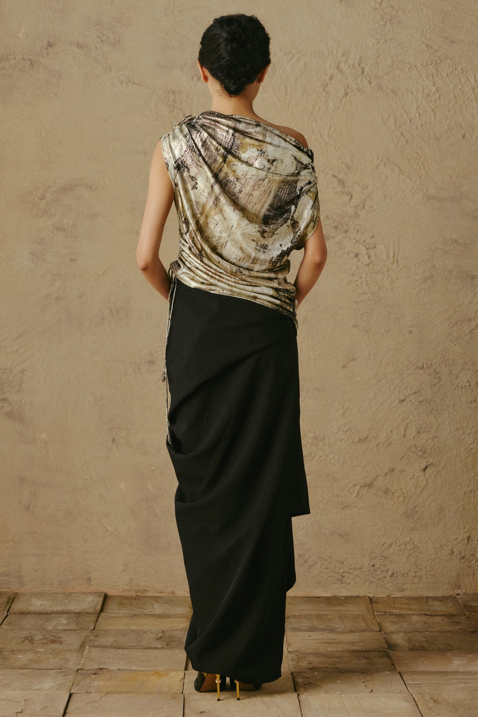 One-Shoulder Foil Top