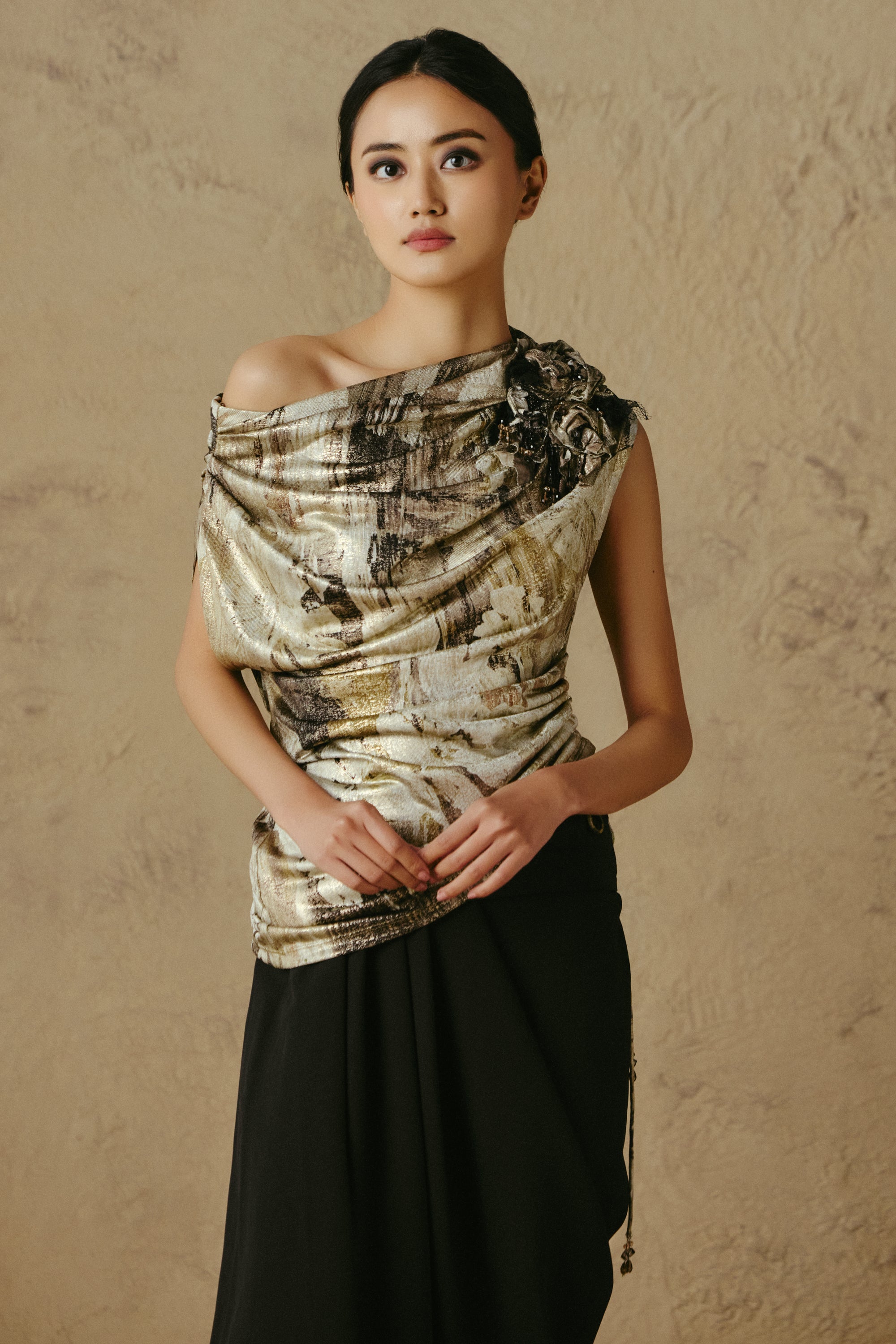 One-Shoulder Foil Top
